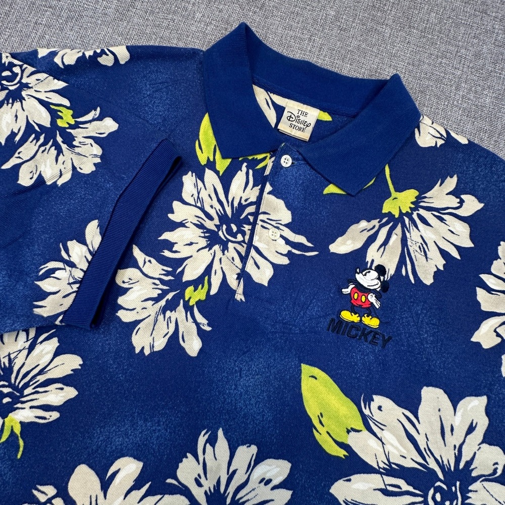Disney Store Mickey Mouse Polo‎ Shirt Mens Large Floral Cotton Hawaiian Vacation
